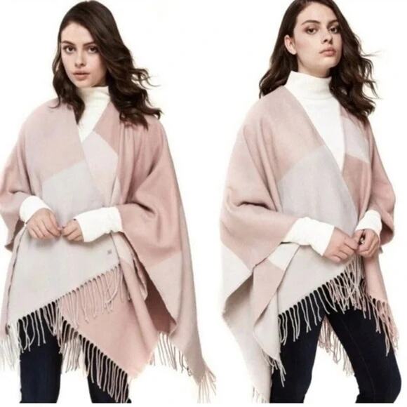 Soia & Kyo Dusty Pink Color-block Stripe Fringed Blanket Cape Women's One Size - Picture 1 of 7